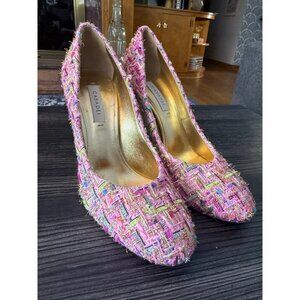 Casadei 2017 Heeled Multi-Colored Tweed Pumps with a Gold Grooved Heel